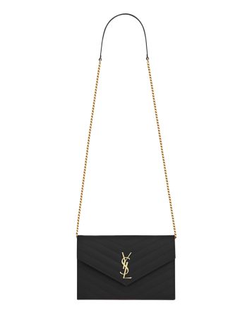 Saint Laurent Envelope Chain Wallet In Grain De Poudre Embossed Leather Black